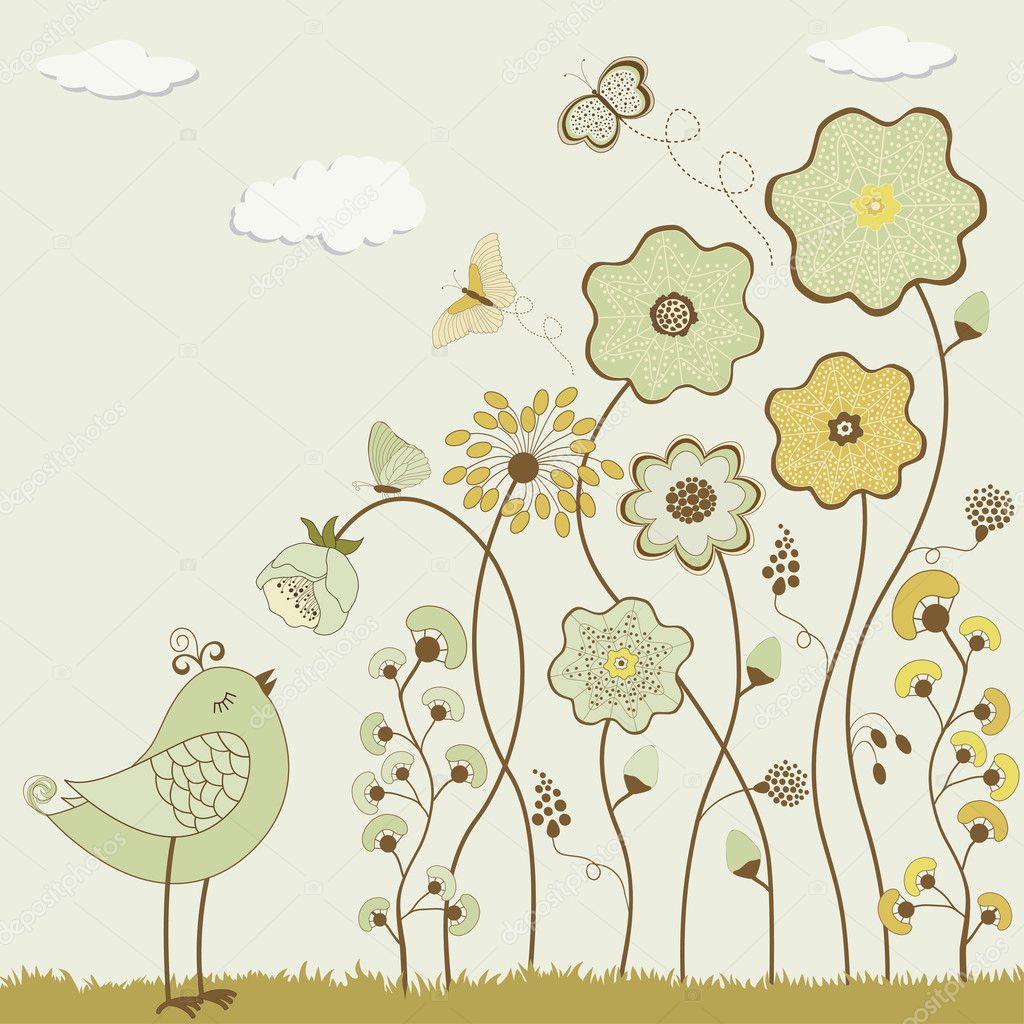 Abstract flowers with butterflies and bird 