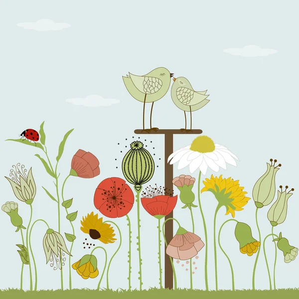 Χαριτωμένα πουλιά με ανοιξιάτικα λουλούδια — Διανυσματικό Αρχείο