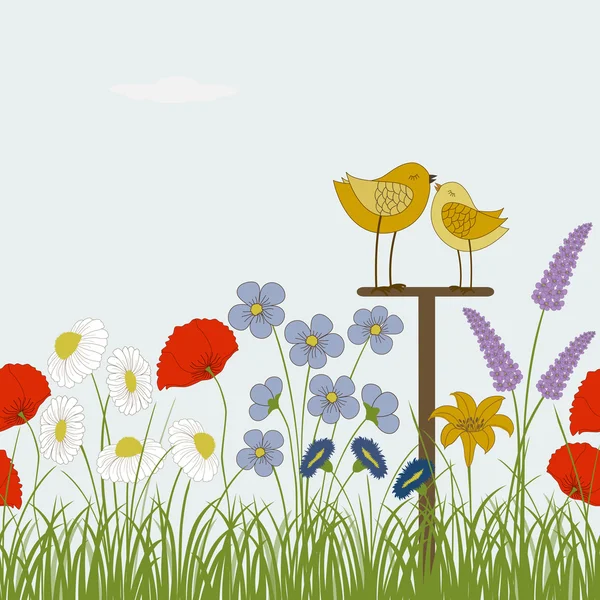 Oiseaux mignons avec des fleurs sauvages — Image vectorielle
