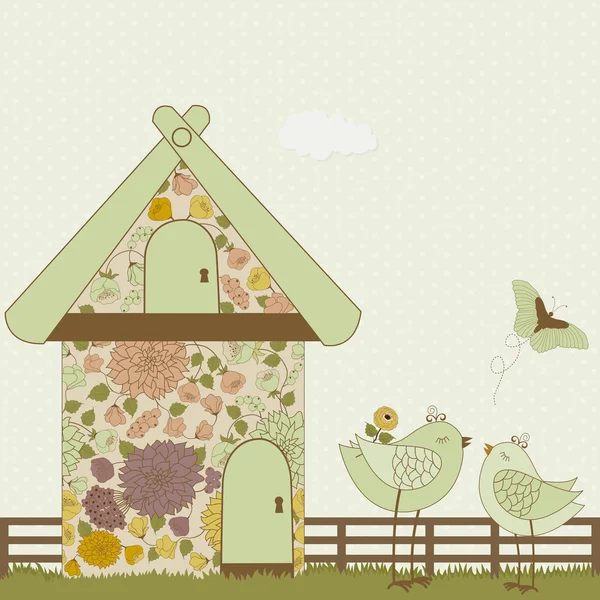 Uccelli carini e birdhouse floreale — Vettoriale Stock