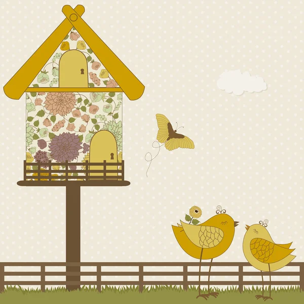 Χαριτωμένα πουλιά και floral birdhouse — Διανυσματικό Αρχείο