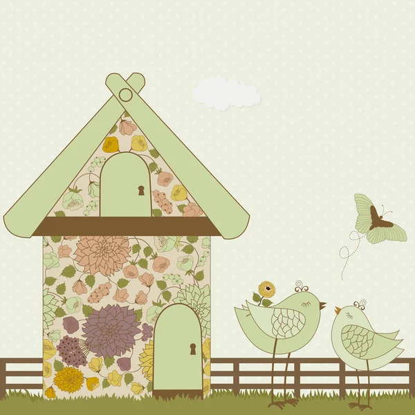 Cute birds and floral birdhouse — Stock Vector