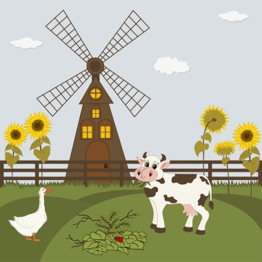 Rural landscape with gristmill and cow and goose  clipart