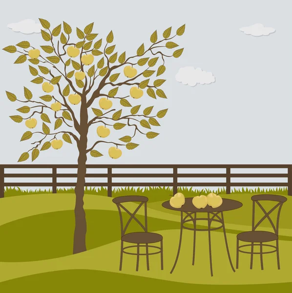 Paisaje rural con manzano y mesa y sillas — Archivo Imágenes Vectoriales