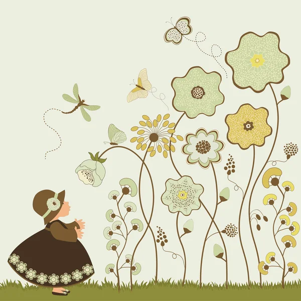 Aranyos lány a kerti virágok és pillangók — Stock Vector