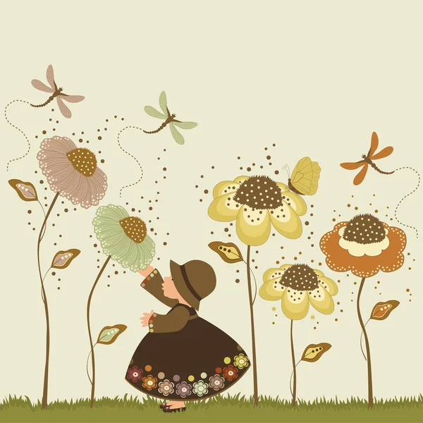 Χαριτωμένο κορίτσι στον κήπο με λουλούδια και πεταλούδες — Διανυσματικό Αρχείο