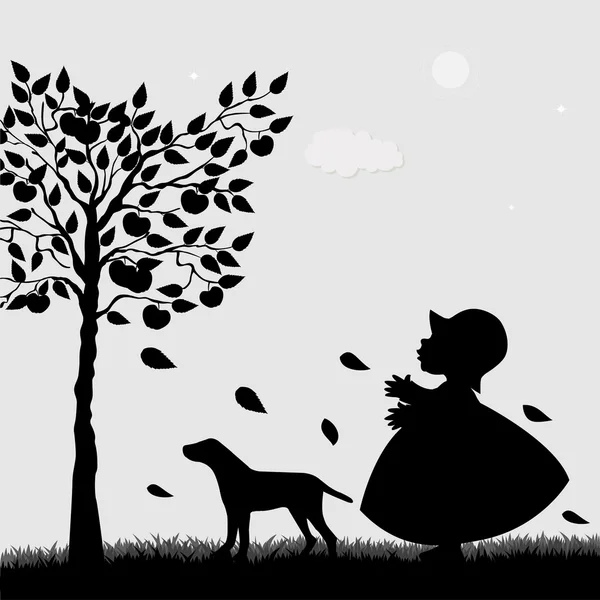 Chica y perro en el jardín — Vector de stock