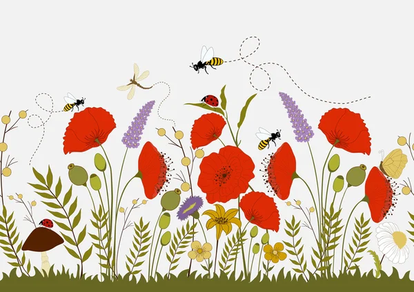 カラフルな野生の花、シームレスなイラスト — ストックベクタ
