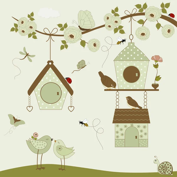 Cute vogels met birdhouse — Stockvector