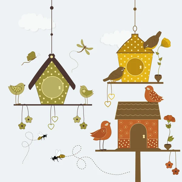 Cute birds with colorful birdhouse — Stock Vector