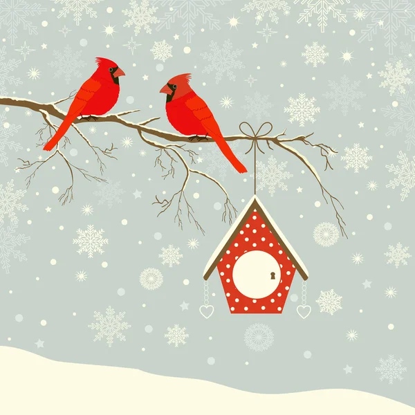 Cute red cardinal bird with birdhouse on branch in winter — Stock Vector