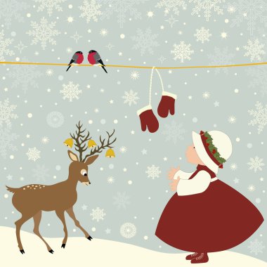 Christmas greeting card with girl and deer clipart