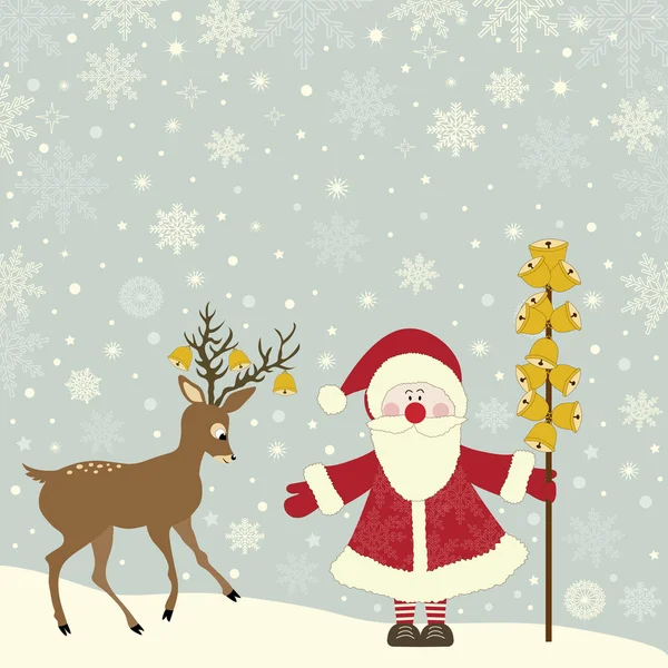 Biglietto di auguri con Babbo Natale e cervi — Vettoriale Stock