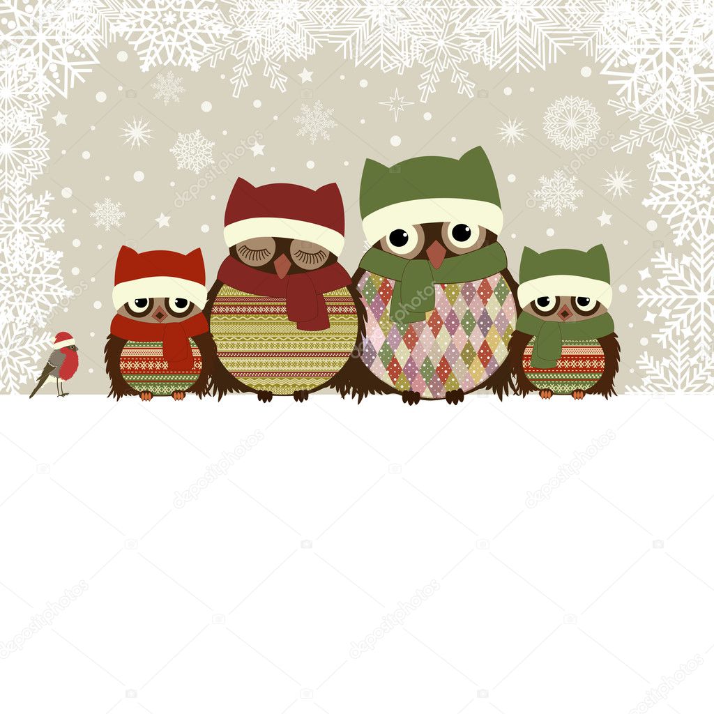 Christmas greeting card with family of owls