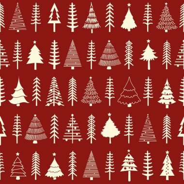 Kırmızı arka planda biçimlendirilmiş Noel ağaçlarıyla kusursuz desen
