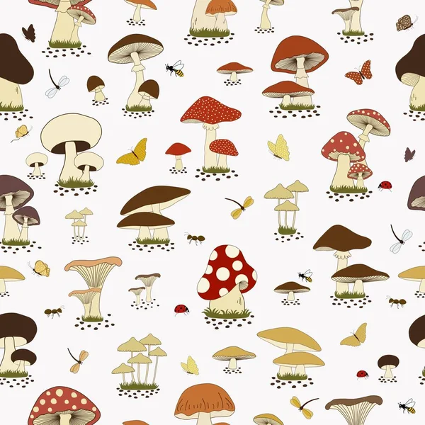 Seamless Pattern Cartoon Mushrooms Insects White Background — Stock Vector