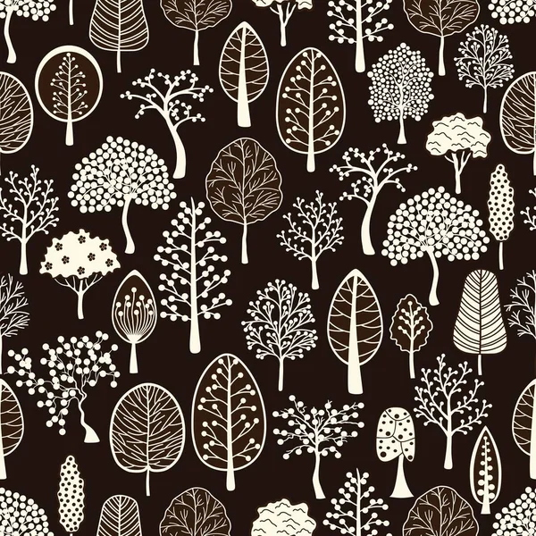 Seamless Pattern Cute Cartoon Trees Brown Background — Archivo Imágenes Vectoriales
