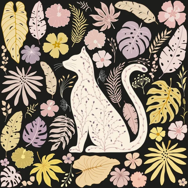 Διακοσμητικό Σχέδιο Χαριτωμένη Γάτα Και Τροπικά Φύλλα Και Λουλούδια Χειροποίητο Διάνυσμα Αρχείου