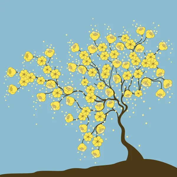 Lindo Árbol Con Patrón Flores Amarillas Sobre Fondo Azul Ilustración — Vector de stock