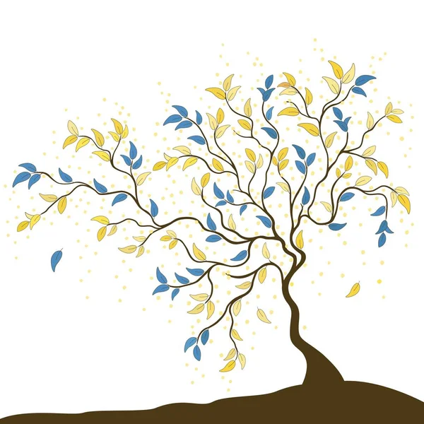 Lindo Árbol Con Hojas Amarillas Azules Patrón Sobre Fondo Blanco — Vector de stock