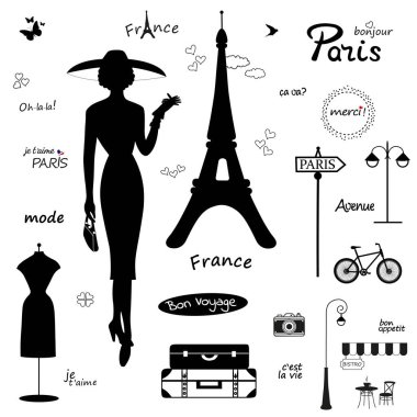 Paris illüstrasyon kroki. Beyaz arka plan üzerinde elle çizilmiş tasarım öğeleri kümesi.