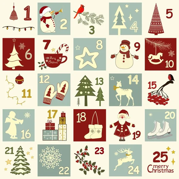 Рождественский Календарь Рождественскими Символами Плакат Зимних Праздников — стоковый вектор