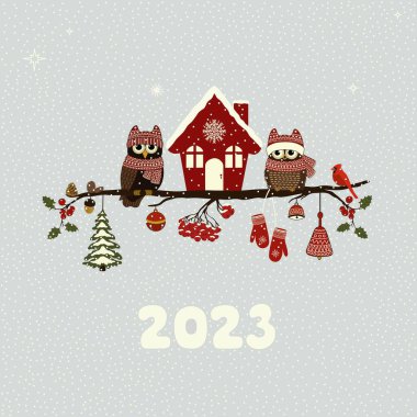 Şube ve Noel unsurları üzerine Noel baykuşlarının olduğu tebrik kartı