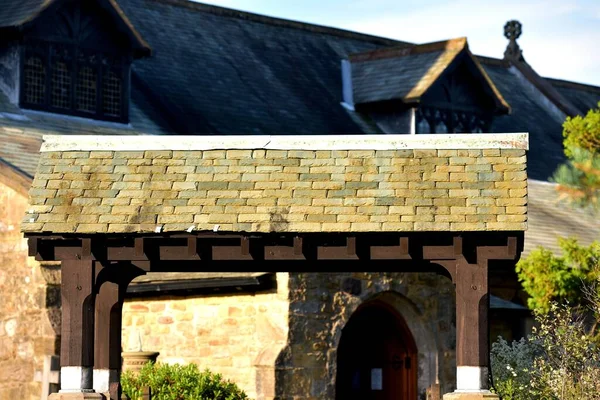 Herfst Zonlicht Het Lychgate Leien Dak — Stockfoto