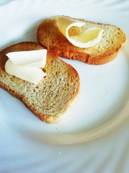 Homemade Sandwich Butter Breakfast Butter Sandwich White Table Closeup Copy — Stock Photo, Image