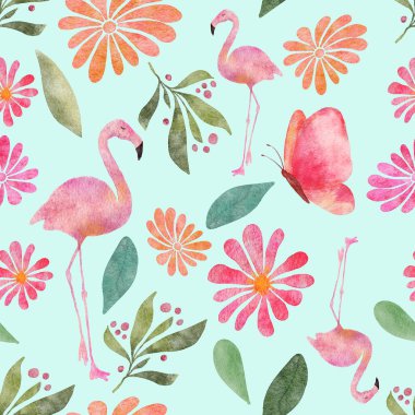 Butterflies and flamingos seamless pattern clipart