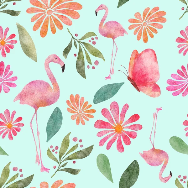 Butterflies and flamingos seamless pattern — Stock Photo, Image