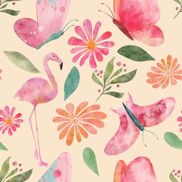 Butterflies and flamingos seamless pattern — Stock Photo, Image