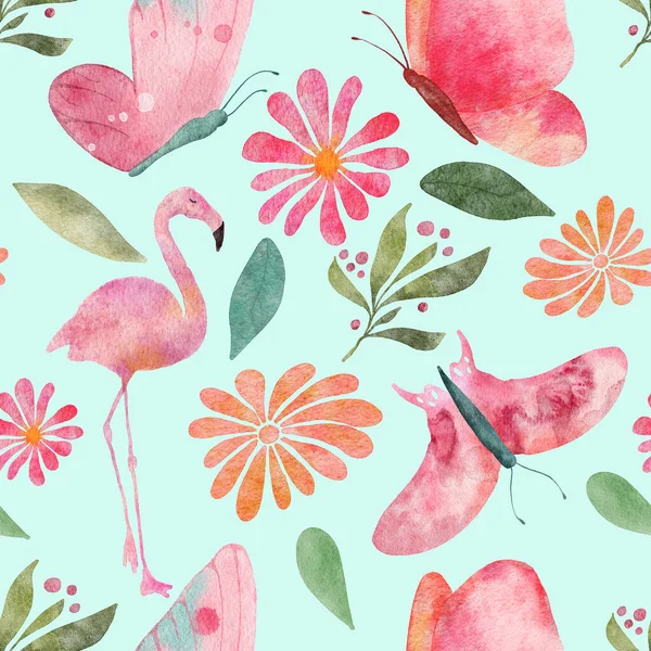Butterflies and flamingos seamless pattern — Stock Photo, Image