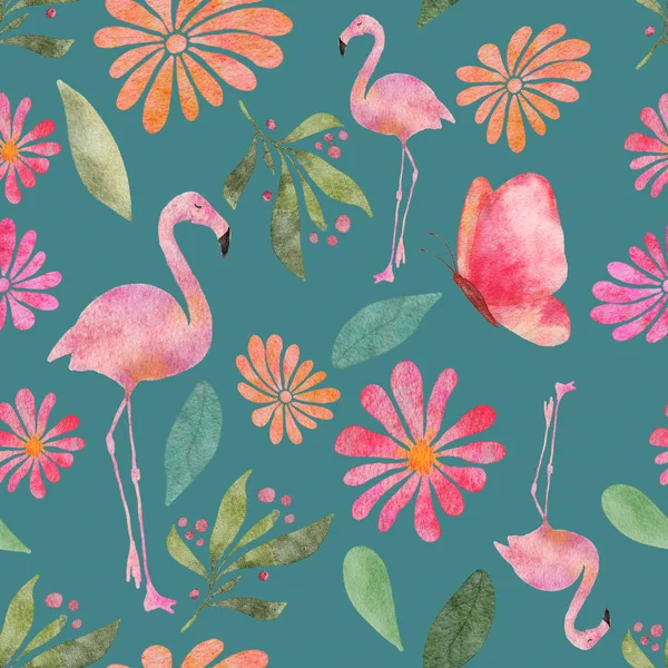 Motyle i flamingi bez szwu wzór — Zdjęcie stockowe