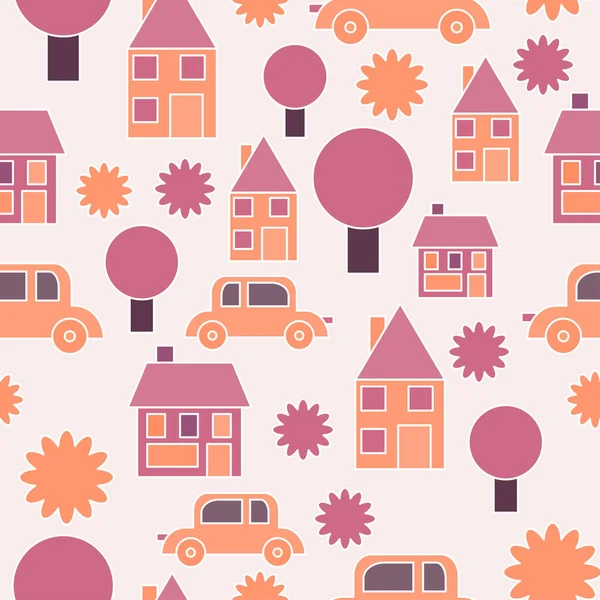 Funny Little City Vector Illustration Houses Trees Cars Flowers — Archivo Imágenes Vectoriales