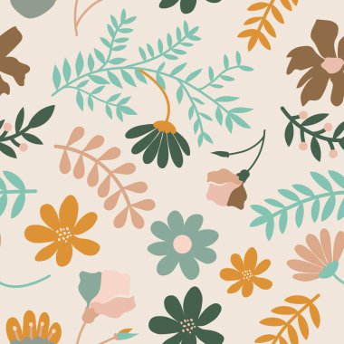 Flowers and twigs repeat seamless pattern background texture on dark blue background