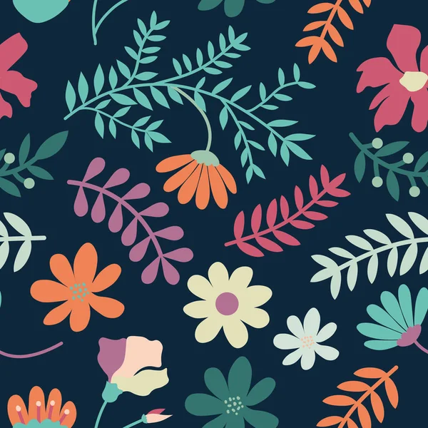 Flowers Twigs Repeat Seamless Pattern Background Texture Dark Blue Background — Wektor stockowy