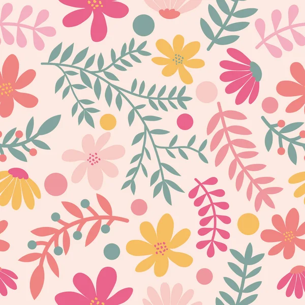 Flowers Twigs Dots Repeat Seamless Pattern Background Texture Light Beige — Vector de stoc