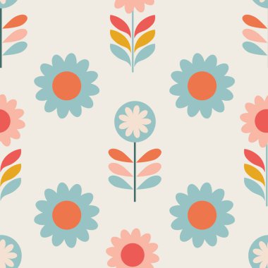 Many retro flowers made from simple shapes on light beige background, seamless repeating pattern vector illustration 