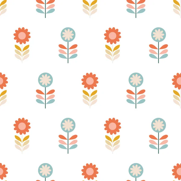 Many Retro Flowers Made Simple Shapes White Background Seamless Repeating — Stockvector