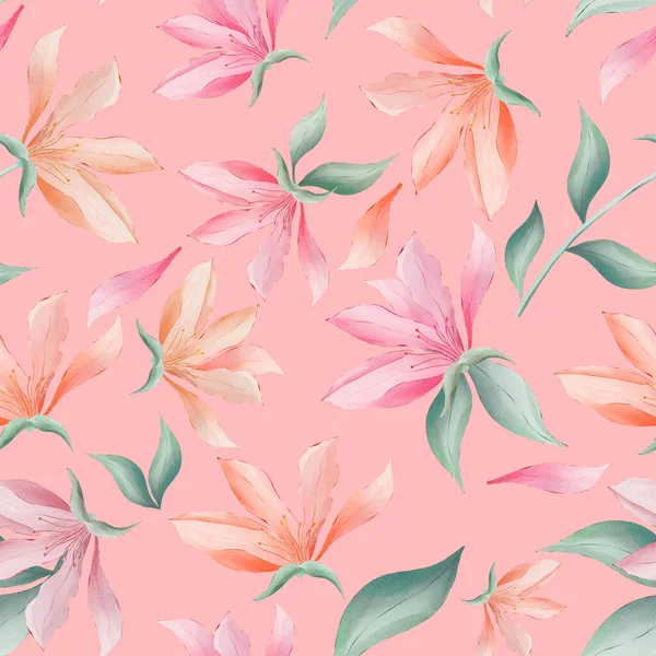 Magnolia Flowers Leaves Pink Background Watercolor Painting Seamless Repeat Pattern — Foto Stock