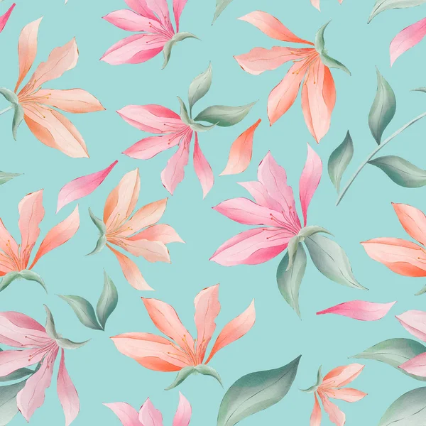 Magnolia Flowers Leaves Turquoise Background Watercolor Painting Seamless Repeat Pattern — 图库照片