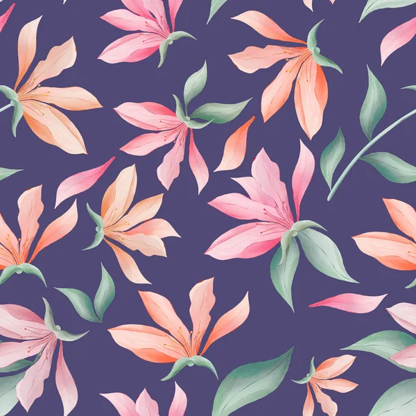 Magnolia Flowers Leaves Dark Purple Background Watercolor Painting Seamless Repeat — Foto Stock