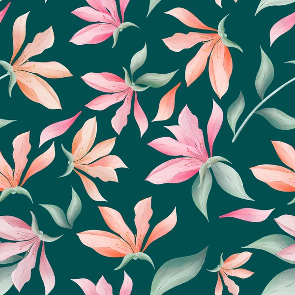 Magnolia Flowers Leaves Dark Green Background Watercolor Painting Seamless Repeat — Foto Stock