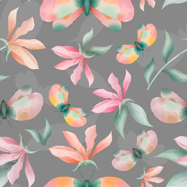 Magnolia Flowers Moths Grey Background Watercolor Painting Seamless Repeat Pattern — Stockfoto
