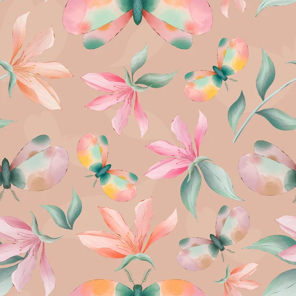 Magnolia Flowers Moths Pink Background Watercolor Painting Seamless Repeat Pattern — Foto Stock