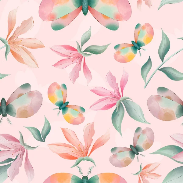 Magnolia Flowers Moths Pink Background Watercolor Painting Seamless Repeat Pattern — Stockfoto