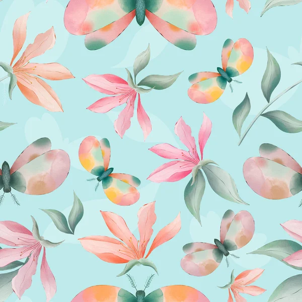 Magnolia Flowers Moths Light Blue Background Watercolor Painting Seamless Repeat — Stockfoto