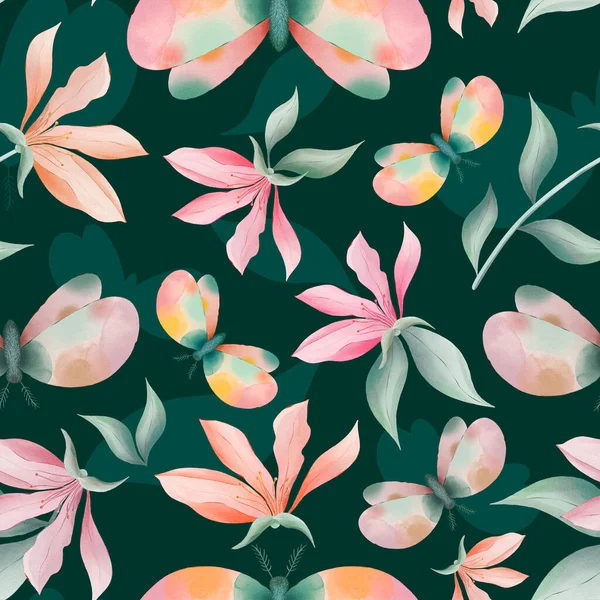 Magnolia Flowers Moths Dark Green Background Watercolor Painting Seamless Repeat — Foto Stock