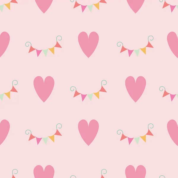 Pink Hearts Buntings Seamless Repeat Pattern Pink Background Kids Suitable — Stockový vektor